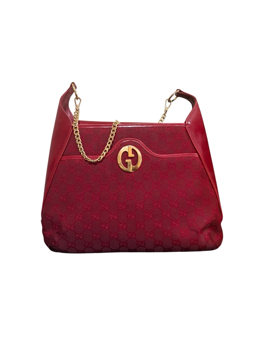🇺🇸Vintage Gucci Red GG Monogram Canvas & Leather Shoulder Bag Italy - Picture 10 of 14